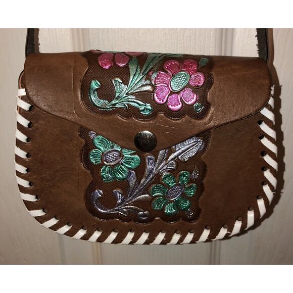 Purse Mexico Cross Body Brown Leather Floral Embossed 5.5 x 7 inches - Picture 2 of 10